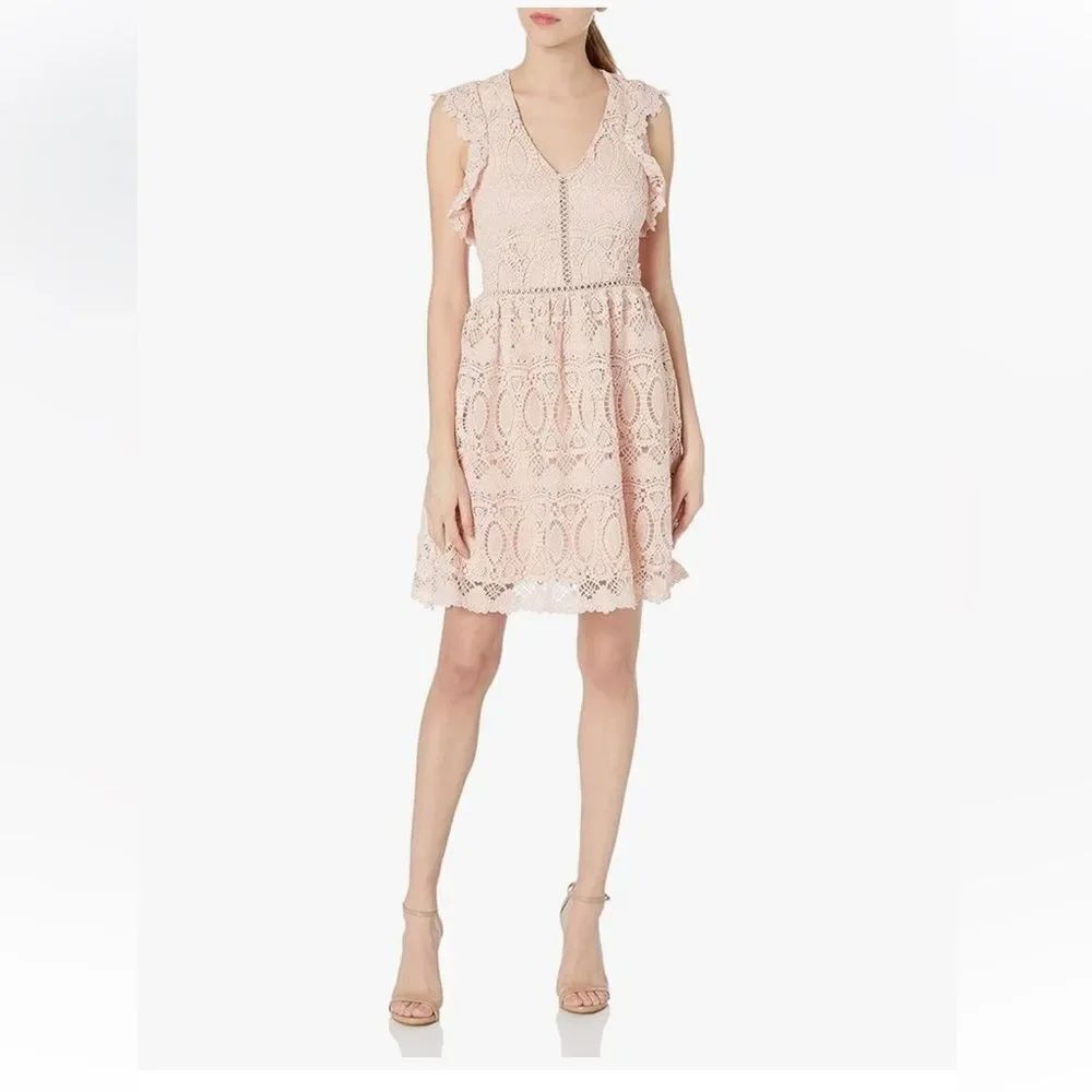 J.O.A. Pink Eyelet Crochet Lace Geometric Ruffle Open Ladder Mini Dress L NWT